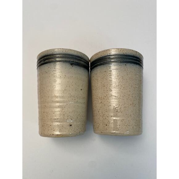 Hand Thrown Art Pottery Stoneware Tumblers Set signed RM Blue Leaf Textured Pair - Picture 5 of 9